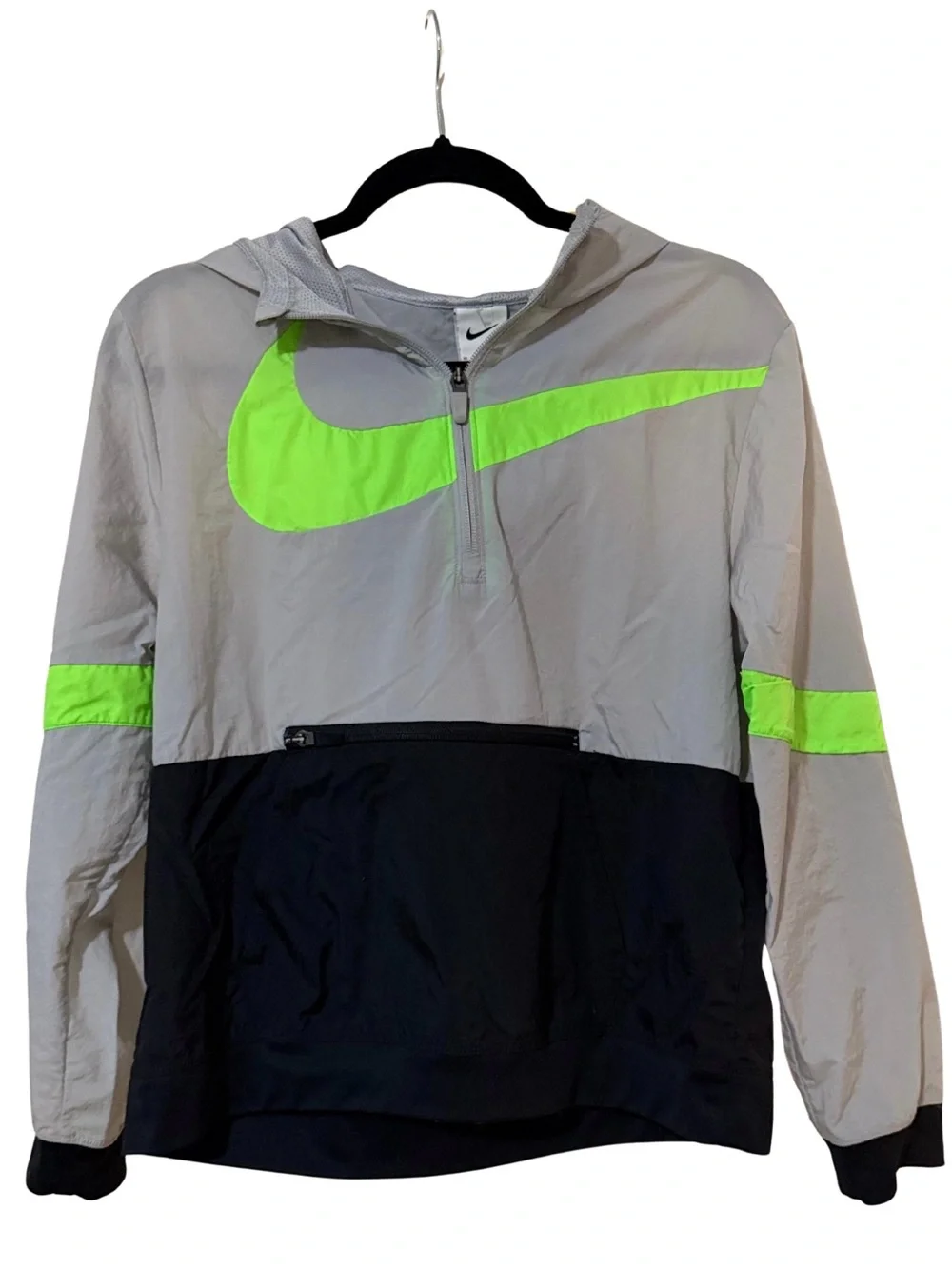 Nike Kids Gray, Black & Neon Green Hooded Windbreaker